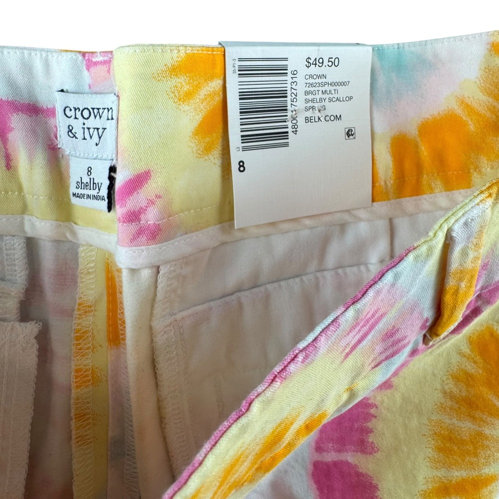 Crown & Ivy Shelby Scallop Tie Dye Shorts‎ Pink Orange Yellow Womens 8 NEW - Picture 3 of 6